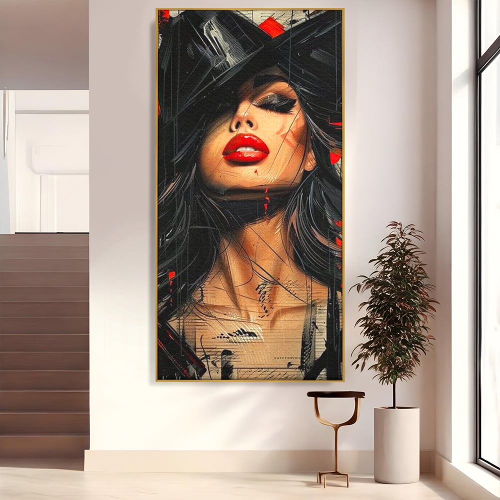 Tablou canvas cu tablou canvas cu portret stilizat de femeie, in rama de aluminiu auriu